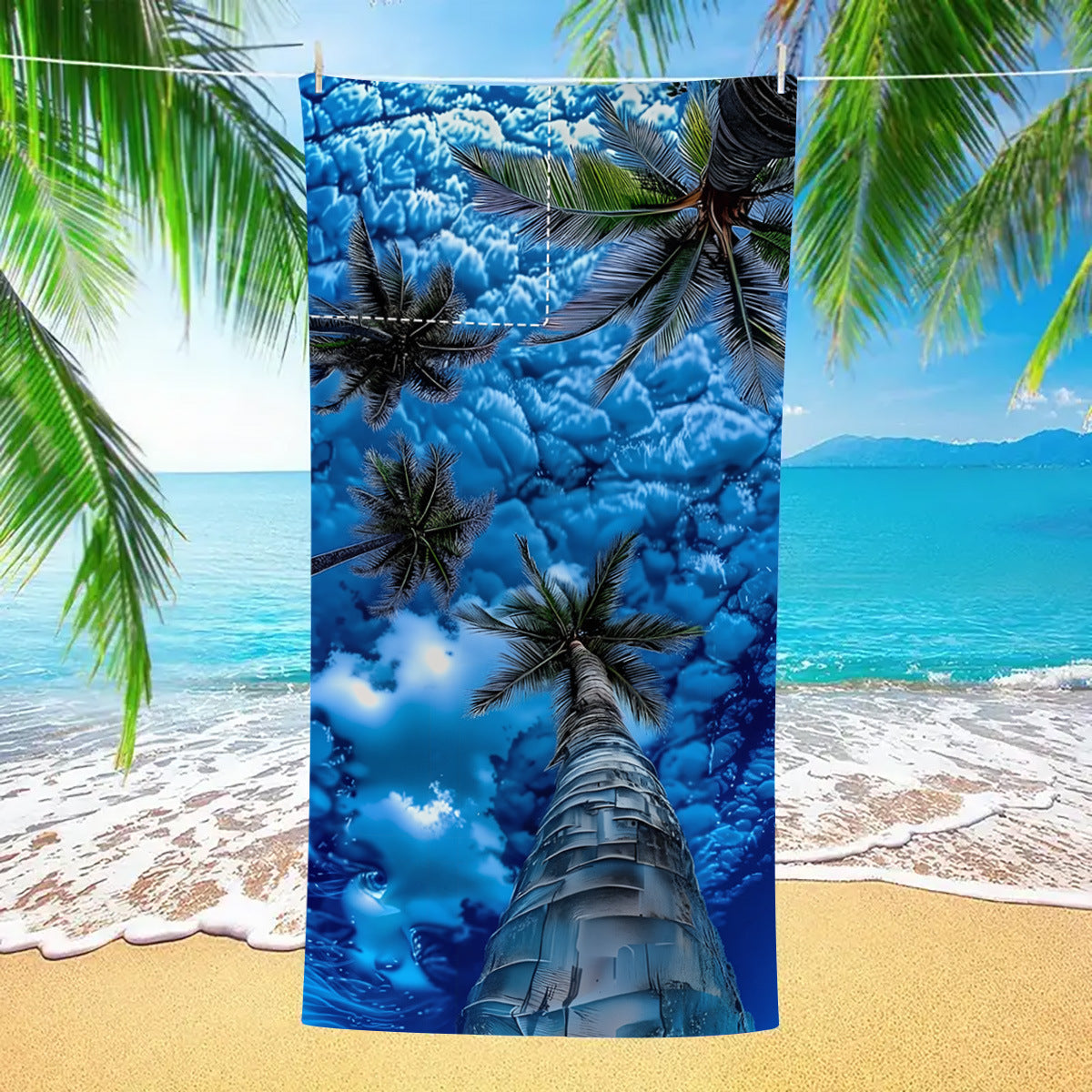 Deep Blue Coconut Tree Drawstring Beach Towel | PRUSES