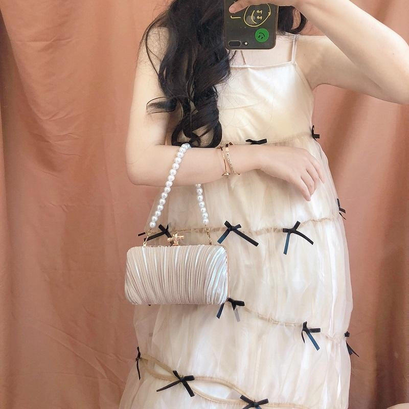 Folded Silk Clutchn Bags Pearl Chain Vintage Evening Bag-1