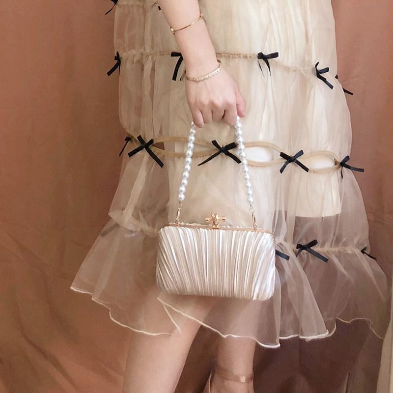Folded Silk Clutchn Bags Pearl Chain Vintage Evening Bag-3