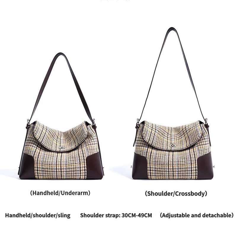Two views of a plaid handbag with shoulder strap options 