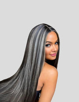 Gray Highlights On Black Hair Straight Lace Front Wigs 180% Density Colored Human Hair Wigs-2