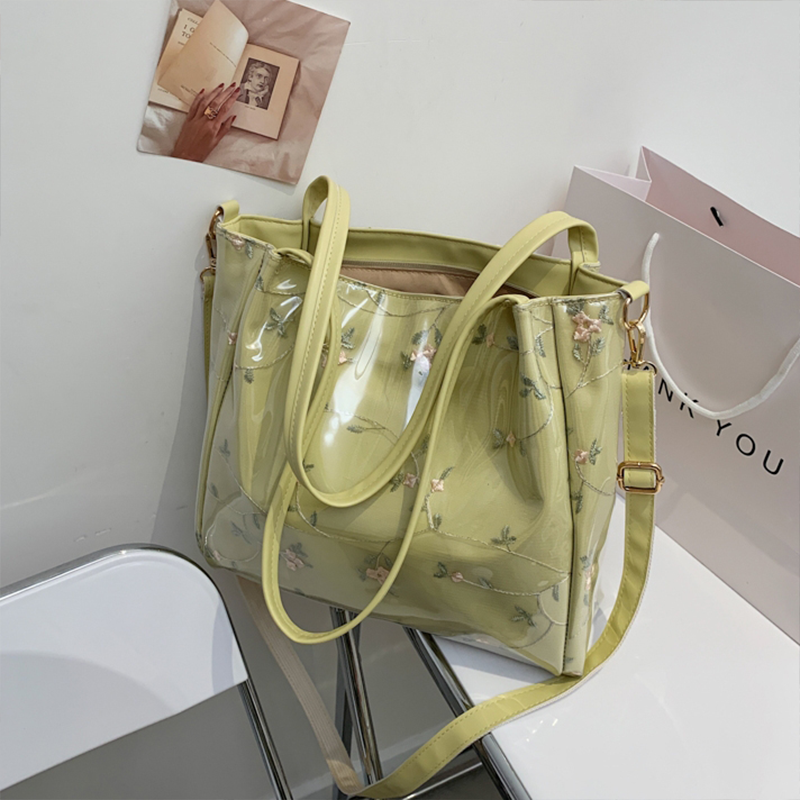 Green Clear Tote Bag Flower Printed Crossbody Tote with Removable Strap| PRUSES-11