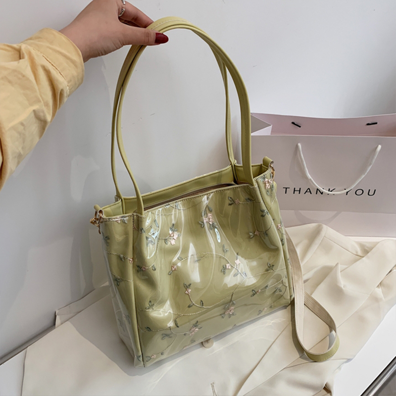 Green Clear Tote Bag Flower Printed Crossbody Tote with Removable Strap| PRUSES-12