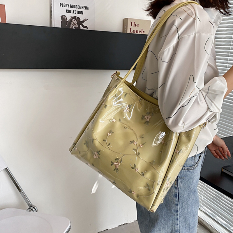 Green Clear Tote Bag Flower Printed Crossbody Tote with Removable Strap| PRUSES-6