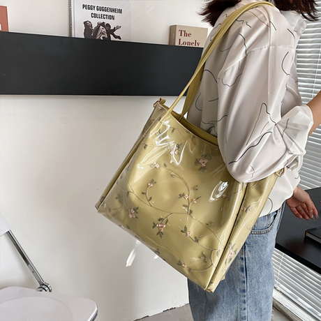 Green Clear Tote Bag Flower Printed Crossbody Tote with Removable Strap| PRUSES-6