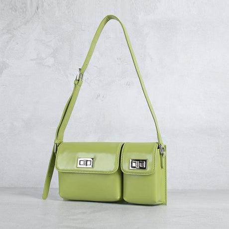 Green Turnlock Flap Genuine Leather Shouler Bags Purse| PRUSES