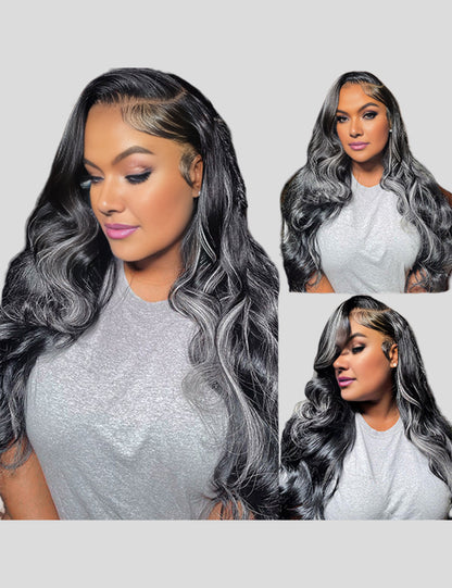 Grey Highlights Body Wave Human Hair Lace Front Wigs 13x4 Lace Frontal Wig-4