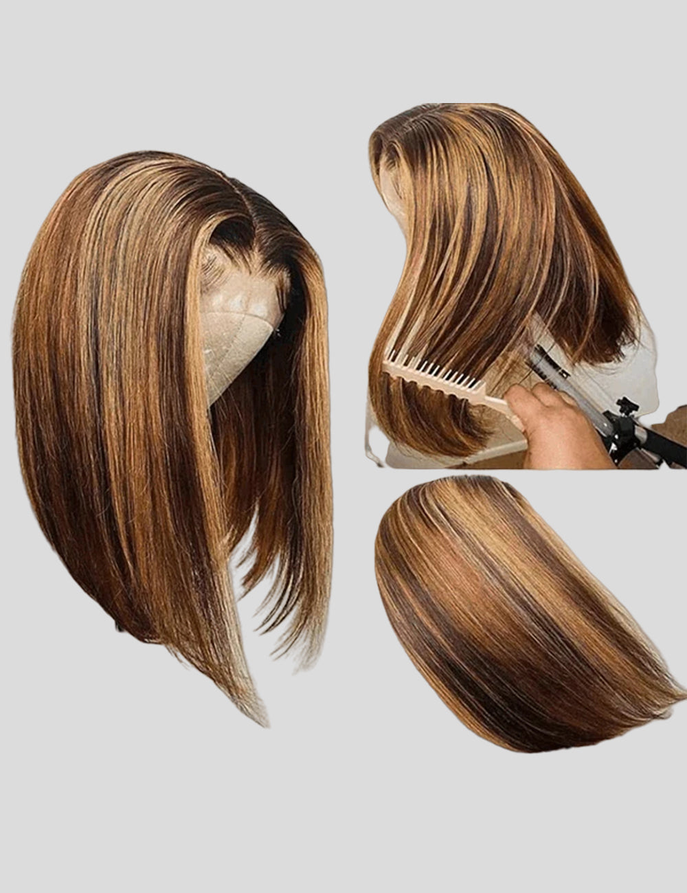 Highlight Bob Wig Honey Blonde Straight Hair Wigs Short Bob Human Hair Wig with Highlights 4x4 Lace Closure Wig P4/27-2