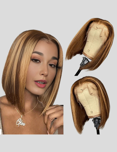 Highlight Bob Wig Honey Blonde Straight Hair Wigs Short Bob Human Hair Wig with Highlights 4x4 Lace Closure Wig P4/27
