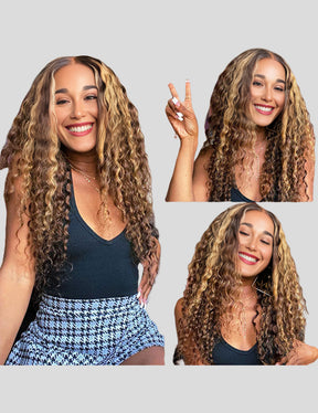 Highlight Wig Deep Wave Wig Honey Blonde HD Lace Wig 4x4 Lace Closure Wig