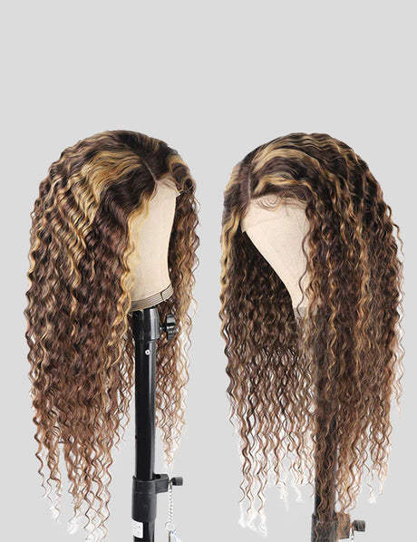 Honey Blonde Deep Wave Wig P4/27 Highlight Lace Front Wigs Peruvian Human Hair Wigs 30 Inch-5
