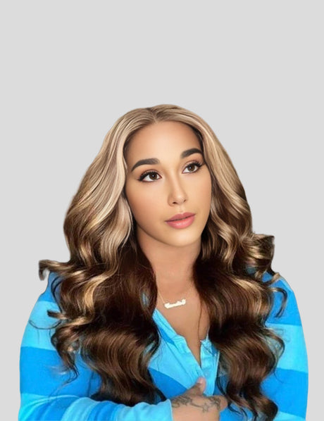 Honey Blonde Highlights Body Wave Lace Wig Unprocessed Lace Front Closure Human Hair Wigs-1