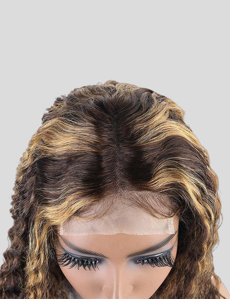 Honey Blonde Highlights Wig Brazilian Deep Wave Wig 4x4 Lace Closure Wigs 180% Density-5