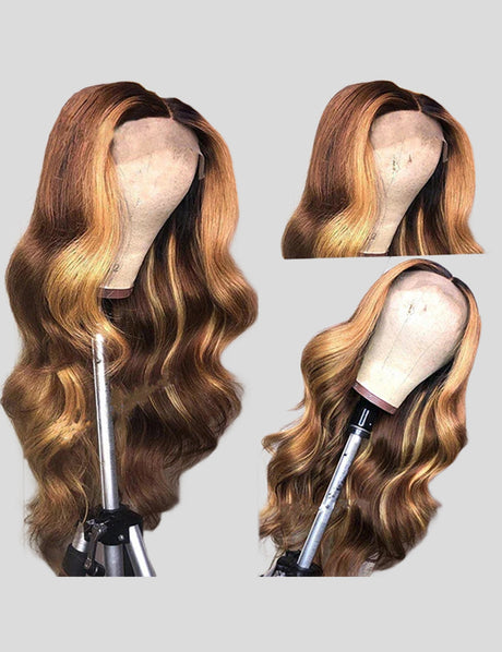 Honey Blonde Human Hair Wigs P4/27 Highlight Wigs Straight and Body Wave Glueless Wig-3