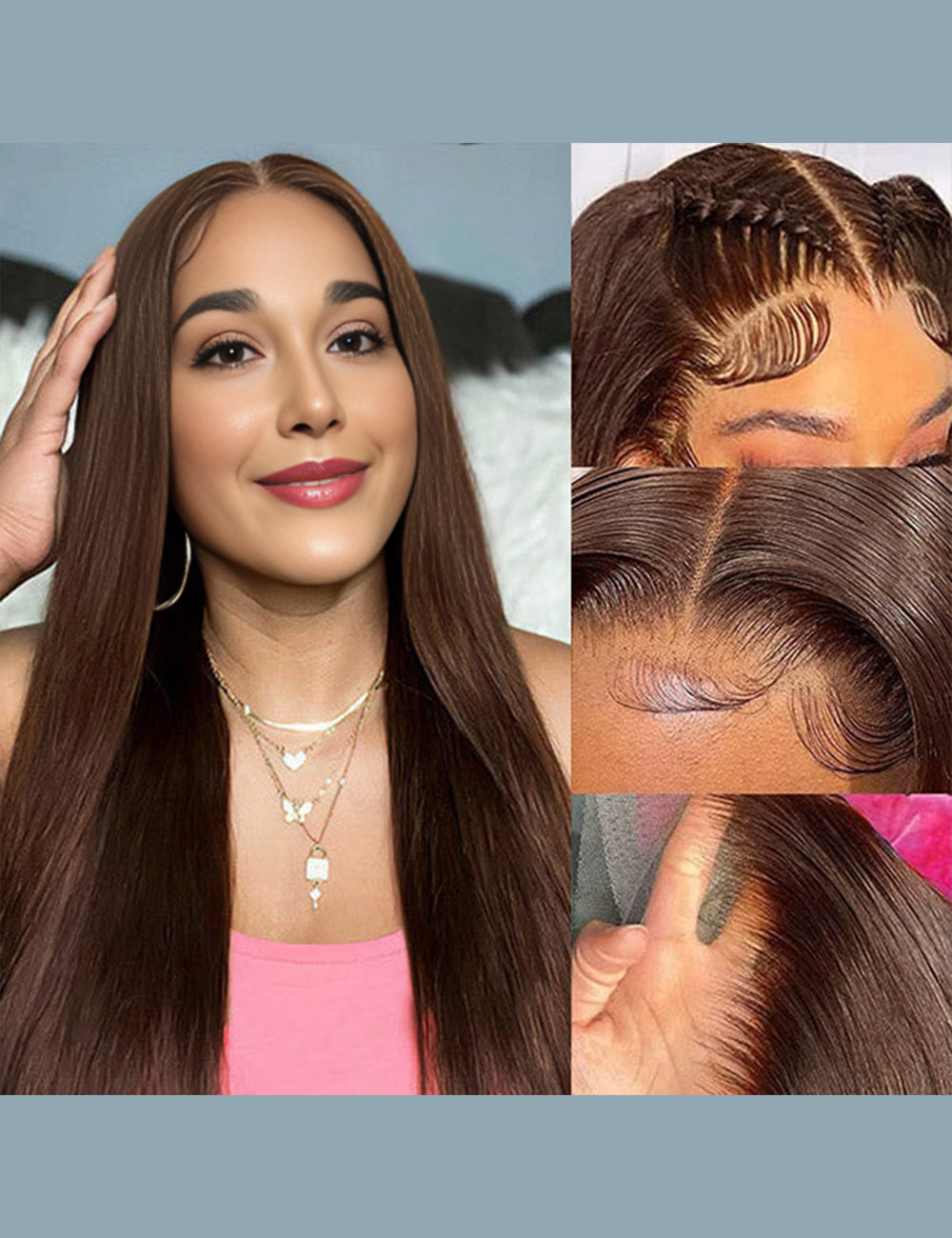 Invisible Knots #4 Brown Colored Human Hair Wigs Wear And Go Straight Hair Lace Front Wigs-4