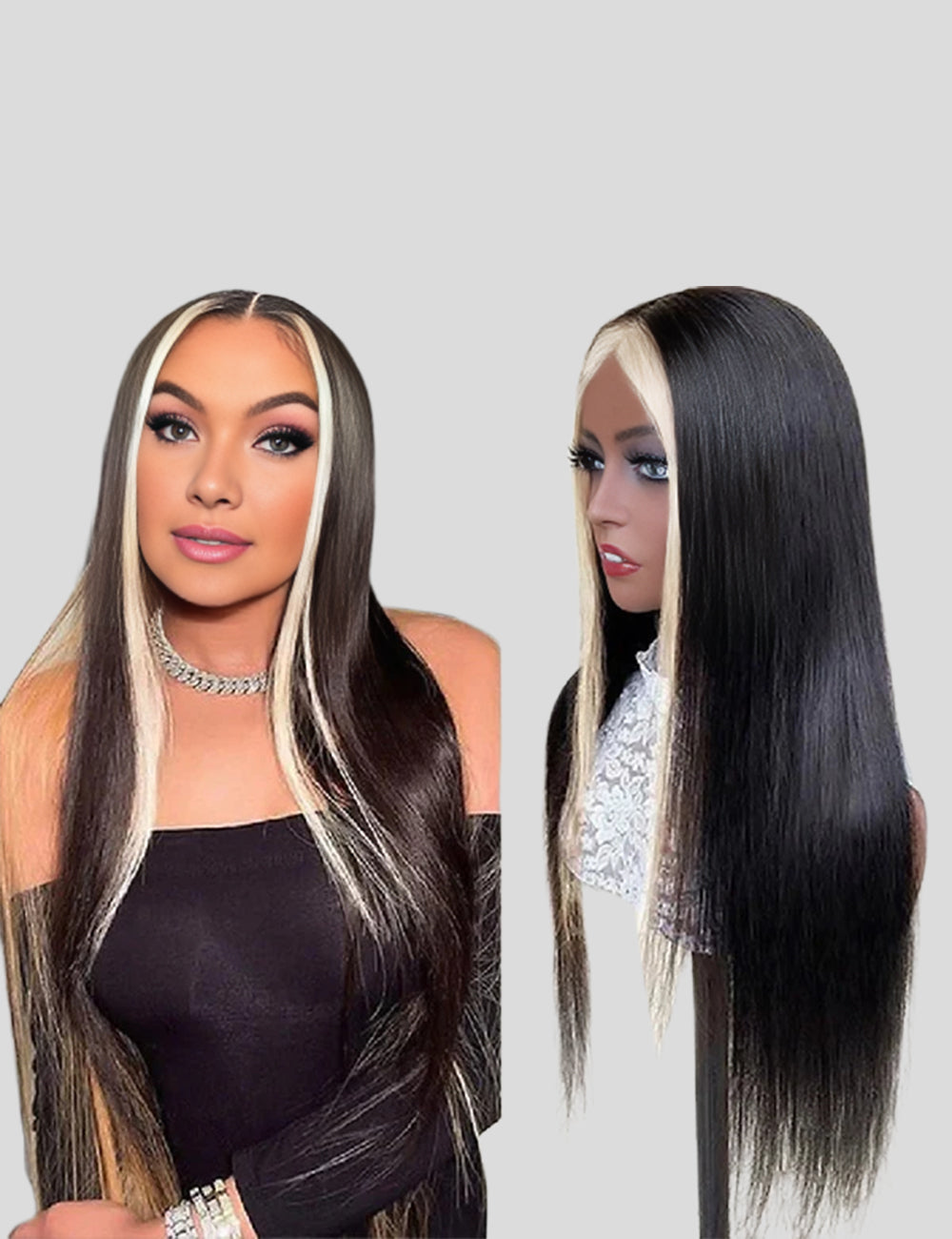 Invisible Knots 613 Blonde Skunk Stripe Straight Human Hair Wigs Glueless Pre Cut Wigs