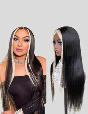 Invisible Knots 613 Blonde Skunk Stripe Straight Human Hair Wigs Glueless Pre Cut Wigs