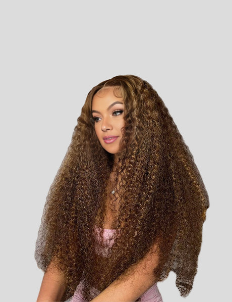 Invisible Knots Balayage Highlight Wigs Kinky Curly 13x6 Glueless Lace Front Wigs Pre Plucked Pre Cut Wigs-1