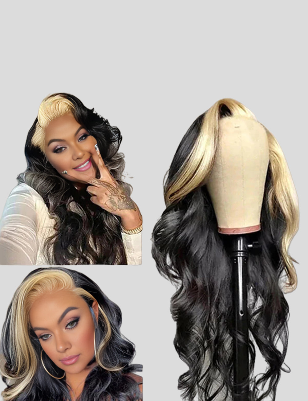 Invisible Knots Blonde Skunk Stripe Body Wave Glueless Lace Frontal Wig Wear And Go Wigs-4