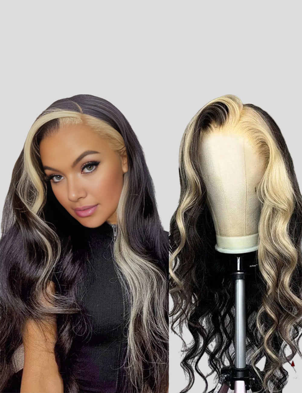 Invisible Knots Blonde Skunk Stripe Body Wave Glueless Lace Frontal Wig Wear And Go Wigs