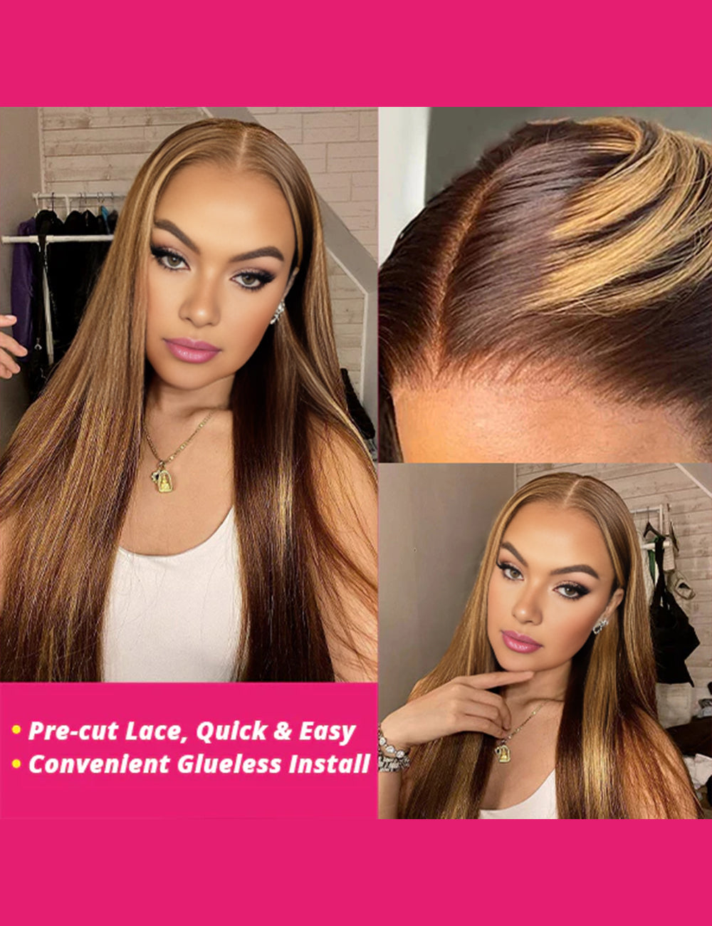 Invisible Knots HD Lace Balayage Straight Human Hair Wigs Wear Go Highlighted Honey Blonde P4/27 Pre Cut Wigs-14