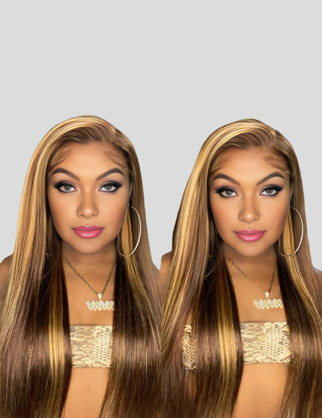 Invisible Knots HD Lace Balayage Straight Human Hair Wigs Wear Go Highlighted Honey Blonde P4/27 Pre Cut Wigs-2