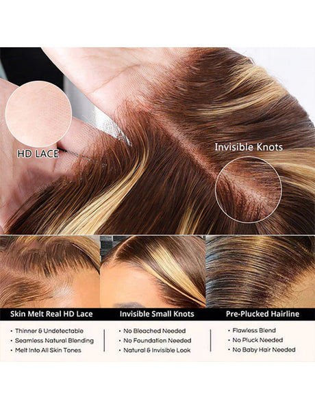 Invisible Knots HD Lace Body Wave Highlighted Wigs P4/27 Color Wear Go Pre Cut Wigs-11