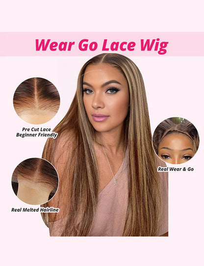 Invisible Knots Highlight Brown Straight Hair Wig Pre Cut Wigs 13x6 Glueless Lace Frontal Wig-2