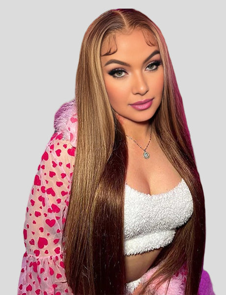 Invisible Knots Highlight Brown Straight Hair Wig Pre Cut Wigs 13x6 Glueless Lace Frontal Wig