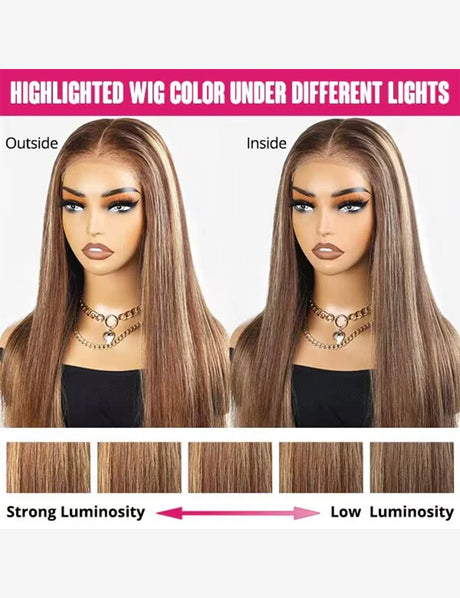Invisible Knots Highlighted Honey Blonde Wigs Glueless Kinky Straight 5x5 Lace Closure Wig Pre Cut Wigs-10