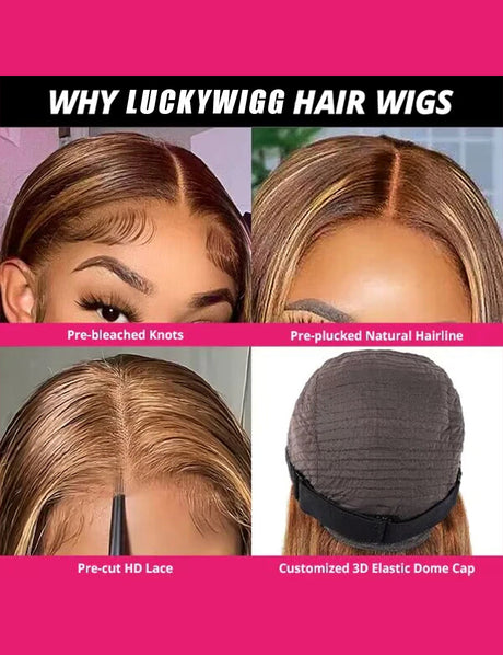 Invisible Knots Highlighted Honey Blonde Wigs Glueless Kinky Straight 5x5 Lace Closure Wig Pre Cut Wigs-9