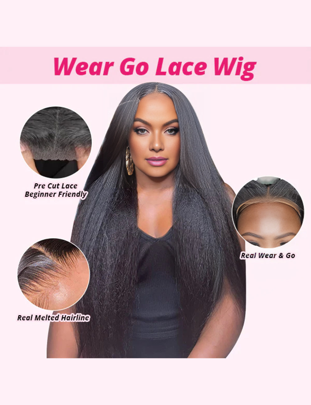 Invisible Knots Kinky Straight Human Hair Wigs Glueless Wigs Natural Hairline Pre Cut Wigs 5x5 HD Lace Closure Wig-2