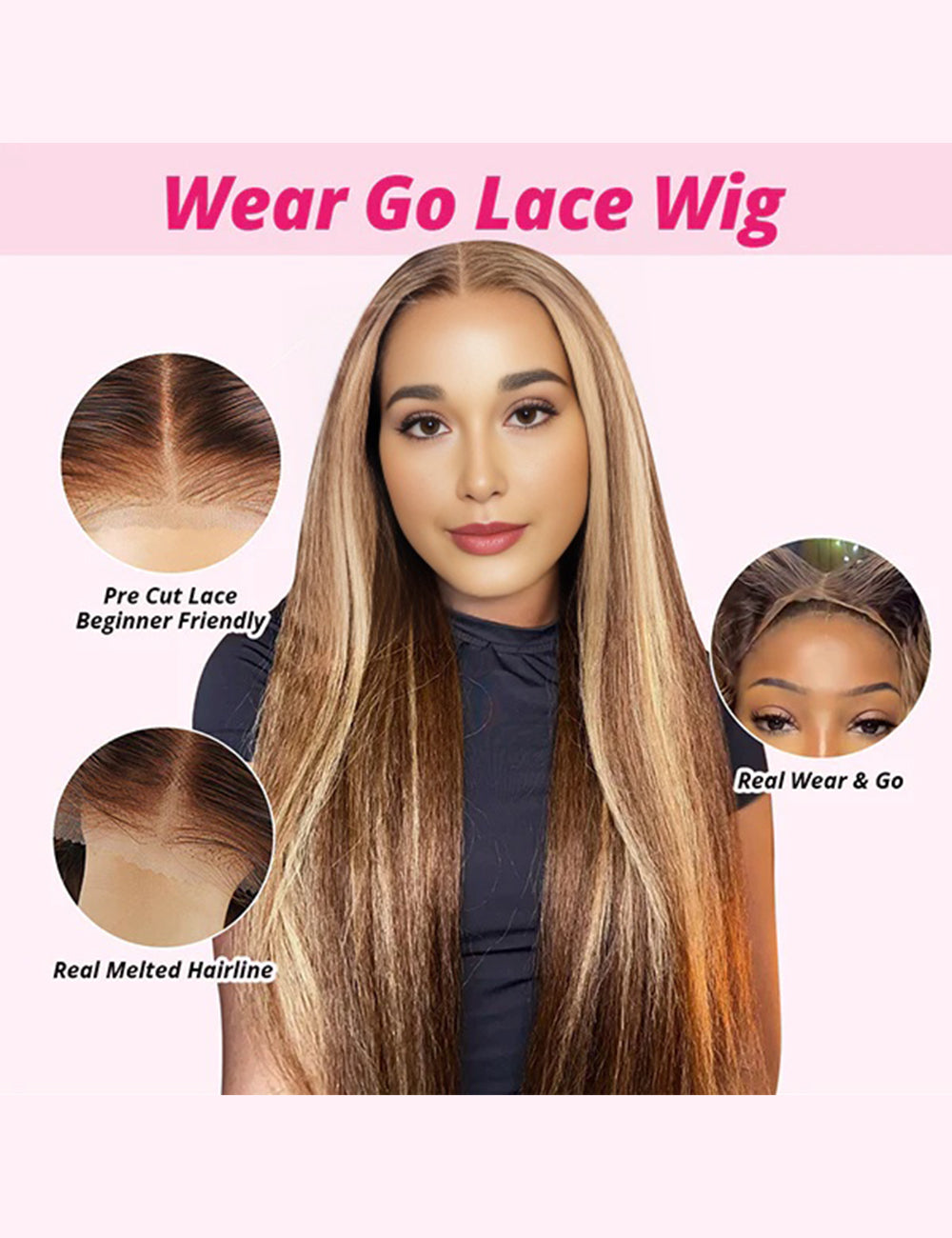 Invisible Knots Kinky Straight Wear Go Glueless Wigs Pre Plucked P4/27 Highlighted Lace Frontal Wig Pre Cut Wigs-4