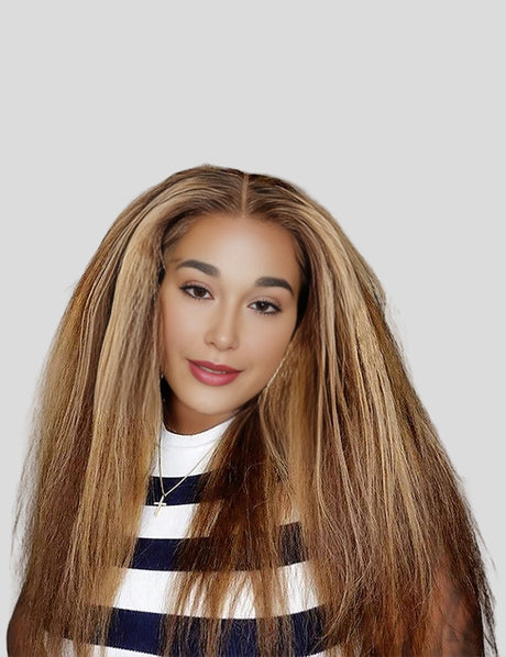 Invisible Knots Kinky Straight Wear Go Glueless Wigs Pre Plucked P4/27 Highlighted Lace Frontal Wig Pre Cut Wigs