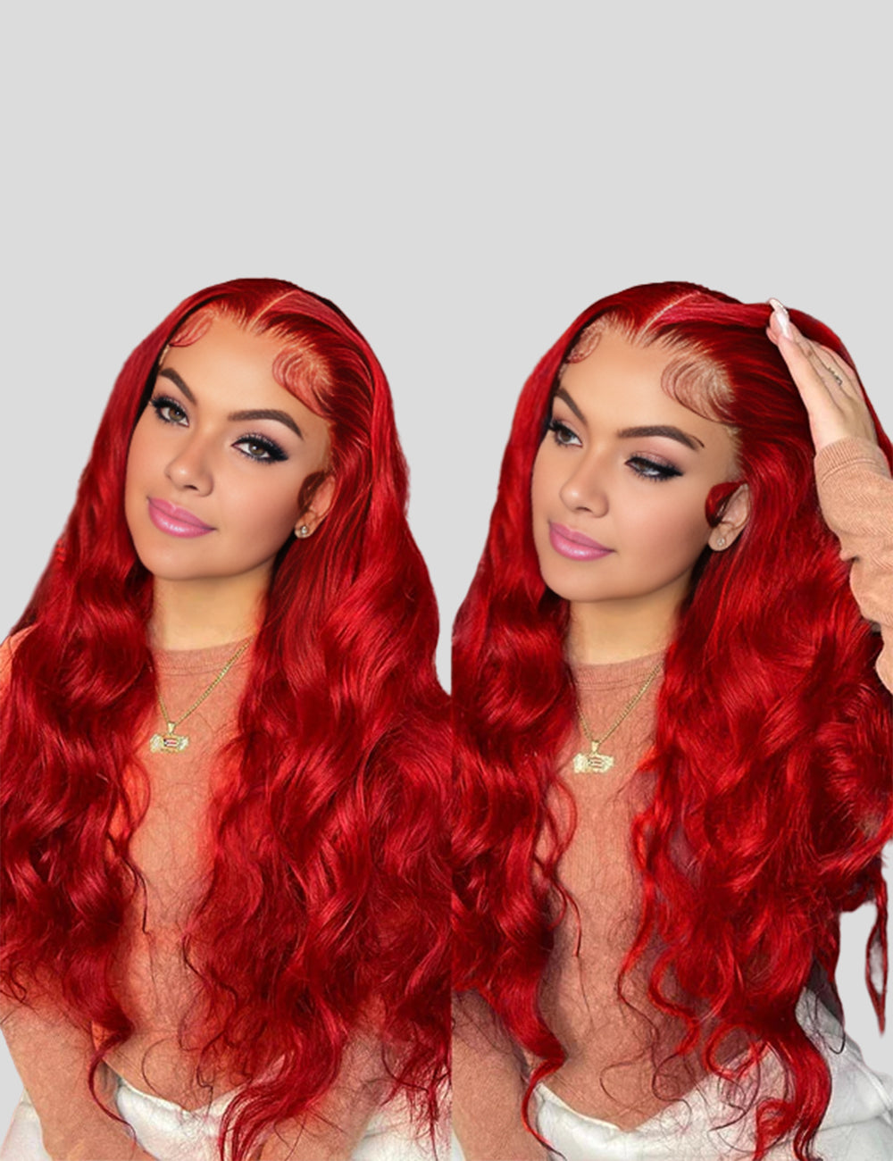 Invisible Knots Red Color Glueless Wigs Body Wave Wear Go Lace Frontal Wigs Pre Cut Lace-3