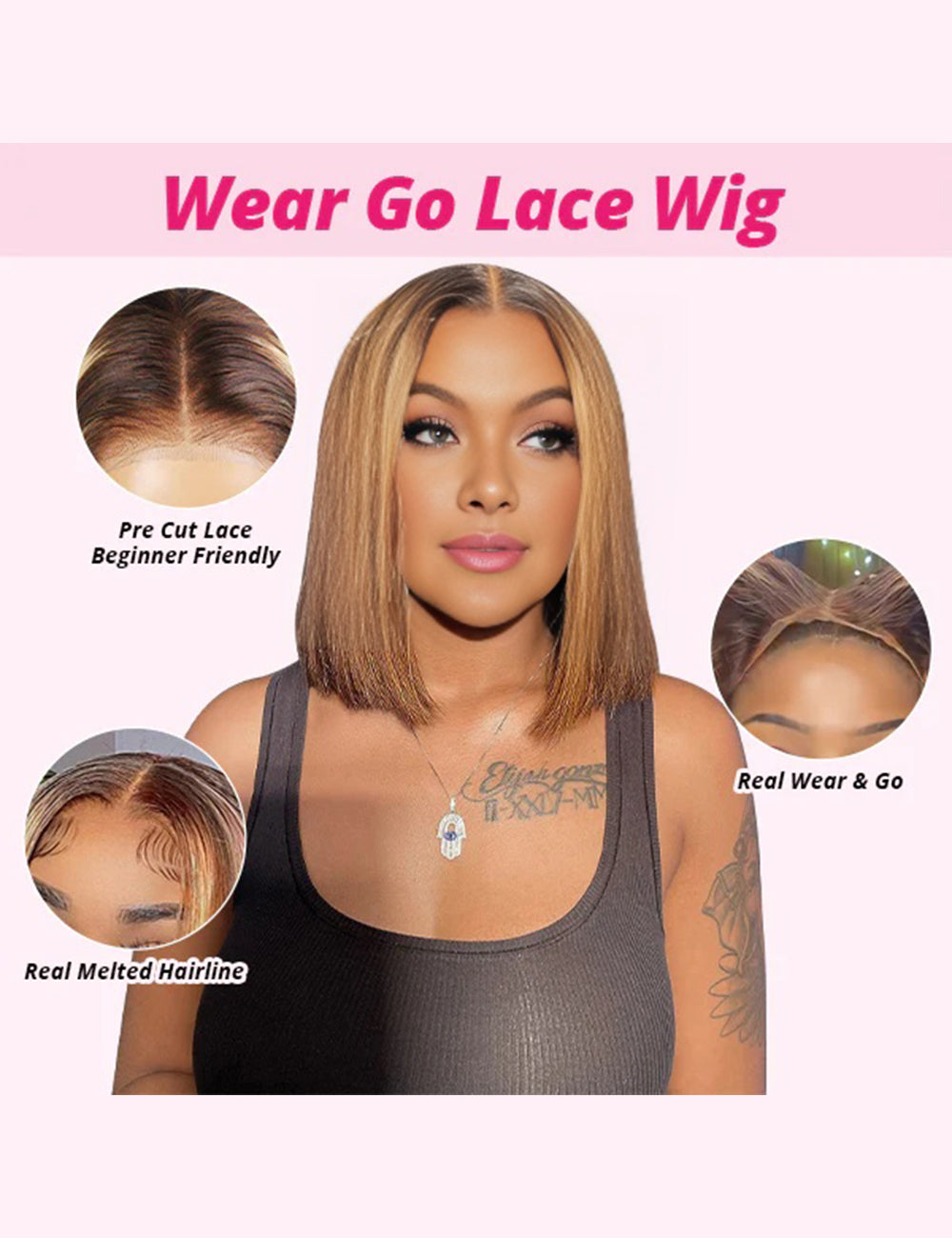 Invisible Knots Wear Go Straight Short Bob Wig Balayage P4/27 Highlighted 5x5 Lace Closure Wigs Pre Cut Wigs-3