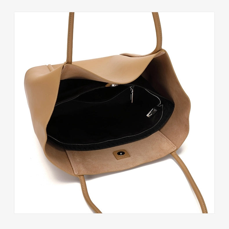 Khaki Leather Large Tote Bag With Inner Pouch Handbags For Work | PRUSES-1