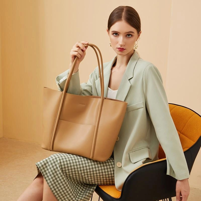 Khaki Leather Large Tote Bag With Inner Pouch Handbags For Work | PRUSES-10