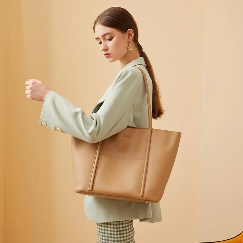 Khaki Leather Large Tote Bag With Inner Pouch Handbags For Work | PRUSES-11
