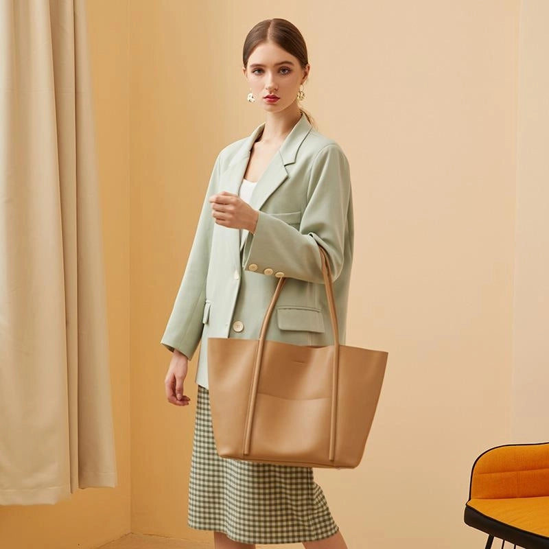 Khaki Leather Large Tote Bag With Inner Pouch Handbags For Work | PRUSES-13