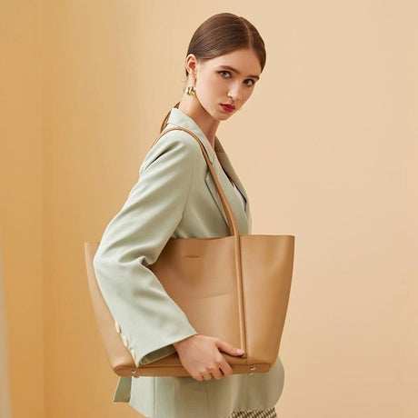 Khaki Leather Large Tote Bag With Inner Pouch Handbags For Work | PRUSES-14