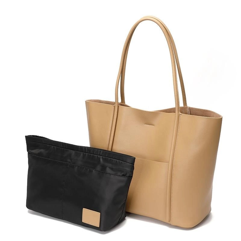 Khaki Leather Large Tote Bag With Inner Pouch Handbags For Work | PRUSES-15