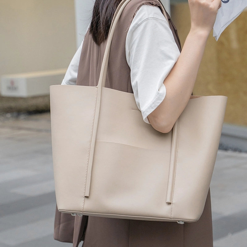 Khaki Leather Large Tote Bag With Inner Pouch Handbags For Work | PRUSES-19