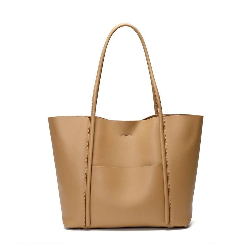 Khaki Leather Large Tote Bag With Inner Pouch Handbags For Work | PRUSES