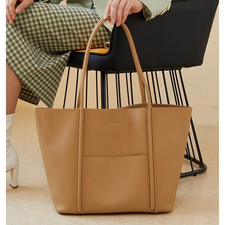 Khaki Leather Large Tote Bag With Inner Pouch Handbags For Work | PRUSES-24