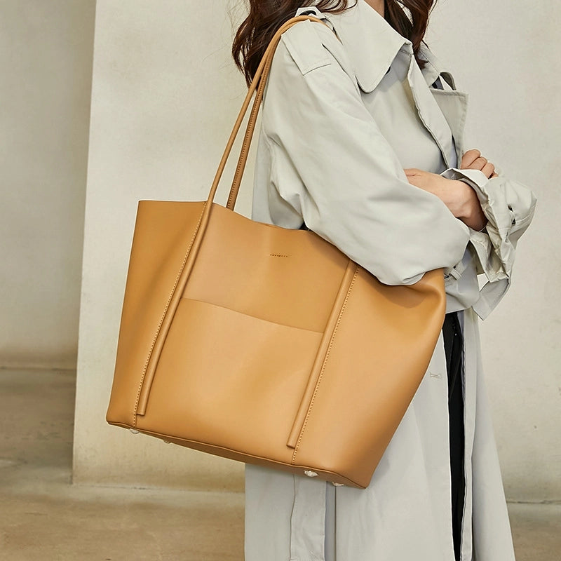 Khaki Leather Large Tote Bag With Inner Pouch Handbags For Work | PRUSES-8