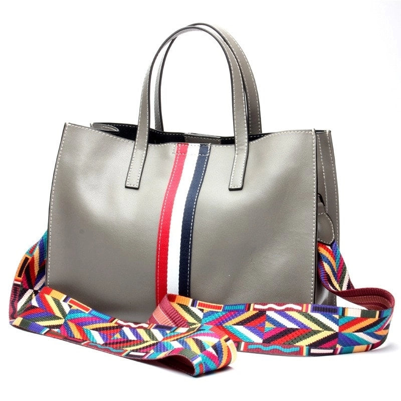 Khaki Tri-color Stripe Leather Handbags | PRUSES