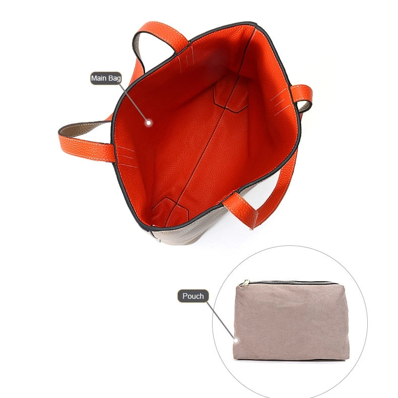 Khaki and Orange A/B Two Face Leather Tote Bags | PRUSES