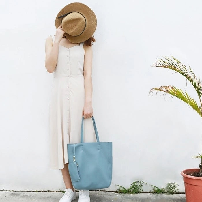 Light Blue Horizontal Soft Leather Tote Bag for Women | PRUSES-2