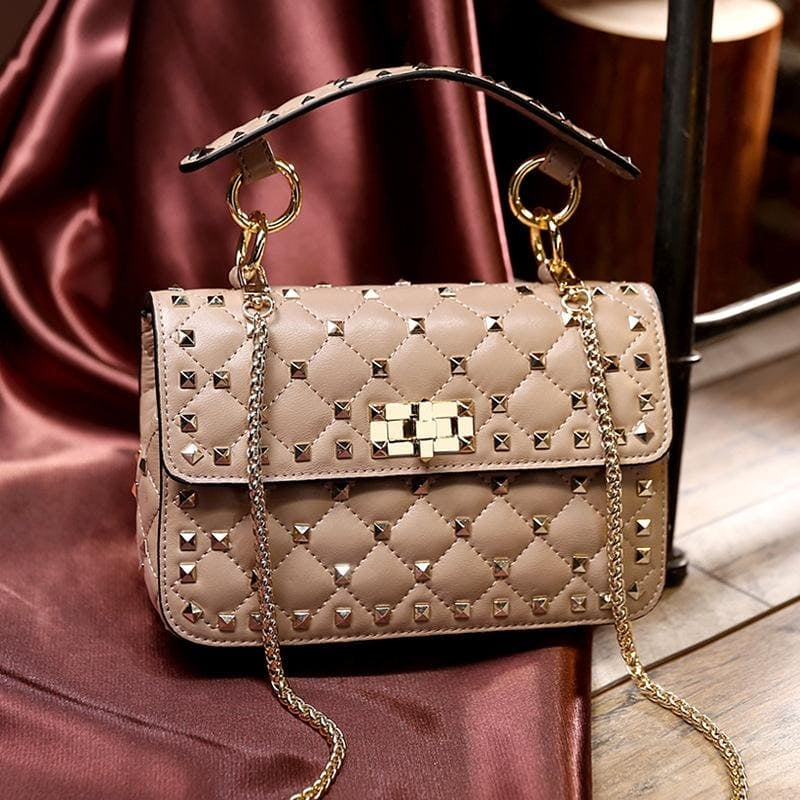 Nude Rockstud Leather Quilted Handbags Foldover Crossbody Chain Bags-2